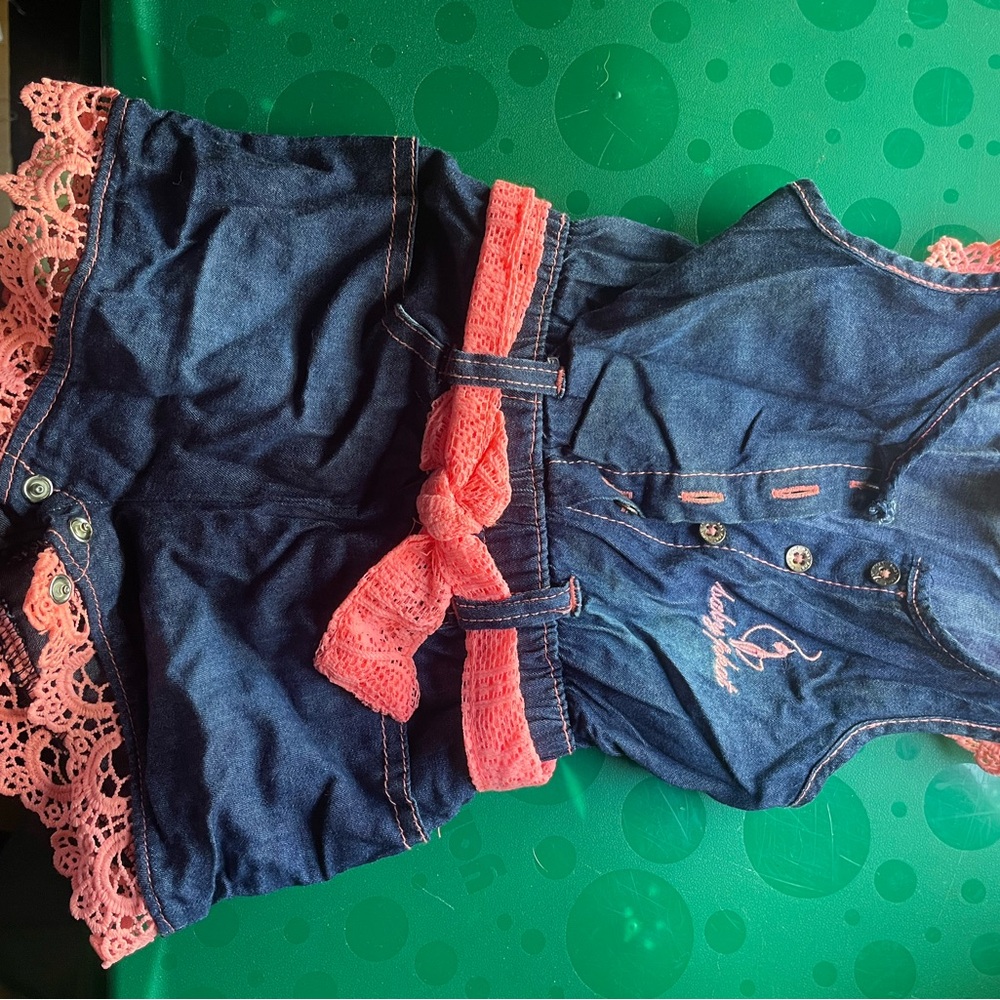 Denim Romper with Pink Lace Accents